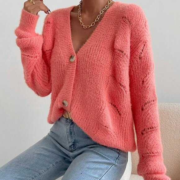 Pink Casual Women's Drop Shoulder Button Front Cardigan - Picture 5 of 6